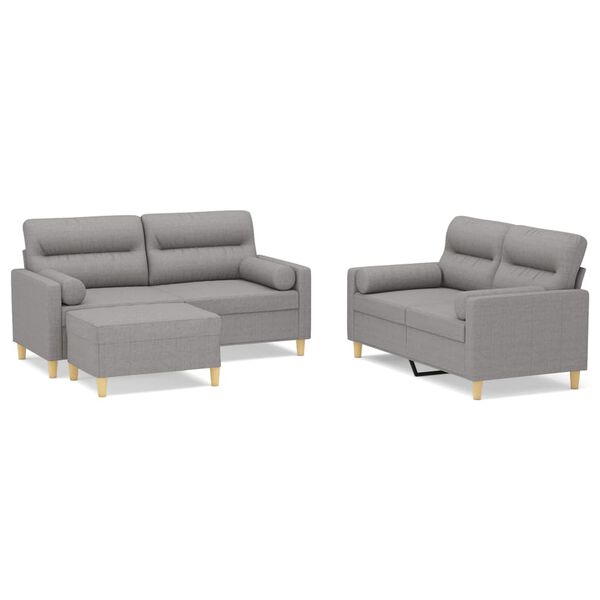 vidaXL Soffgrupp med prydnadskuddar & dynor 3 delar ljusgr&aring; tyg