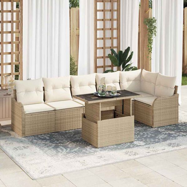 vidaXL Tr&auml;dg&aring;rdsoffset med kudde med kudde 7 pcs Beige Poly Rattan