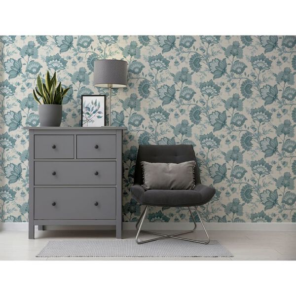 DUTCH WALLCOVERINGS Tapet Krisha vit och bl&aring;