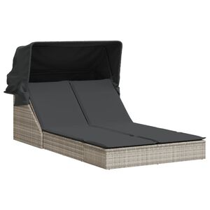 vidaXL Dubbel sols&auml;ng med tak och dynor ljusgr&aring; konstrotting