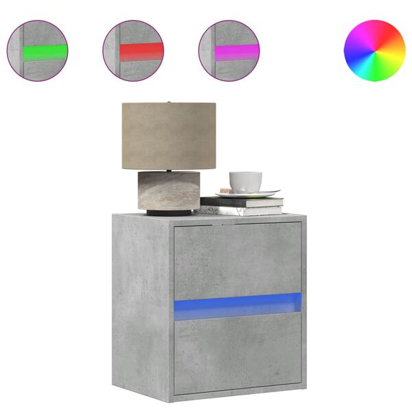 vidaXL Väggmonterat sängbord med LED-lampor betonggrå