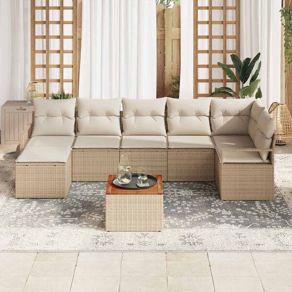 vidaXL Tr&auml;dg&aring;rdsoffset med kudde 8 pcs Beige Poly rattan
