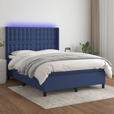 vidaXL Ramsäng med madrass & LED blå 140x200 cm tyg