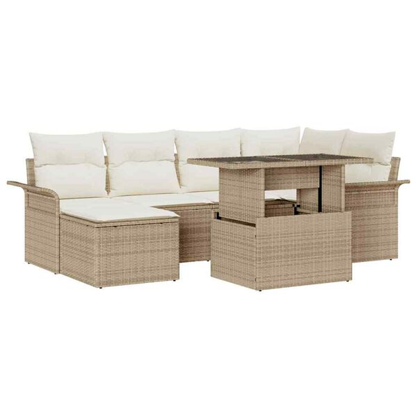 vidaXL Tr&auml;dg&aring;rdsoffset med kudde med lagring 7 pcs Beige Poly rattan