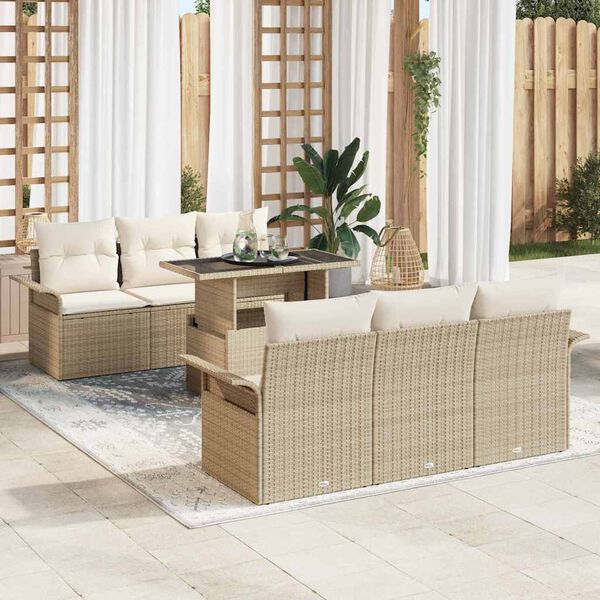 vidaXL Tr&auml;dg&aring;rdsoffset med kudde med lagring 7 pcs Beige Poly rattan