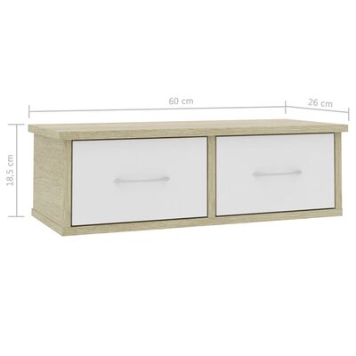 vidaXL Väggmonterade lådor vit och sonoma-ek 60x26x18,5 cm spånskiva
