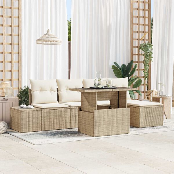 vidaXL Tr&auml;dg&aring;rdsoffset med lagring 6 pcs Beige Poly rattan