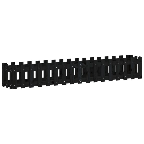 vidaXL Odlingsl&aring;da med staket-design svart 200x30x30 cm massiv furu