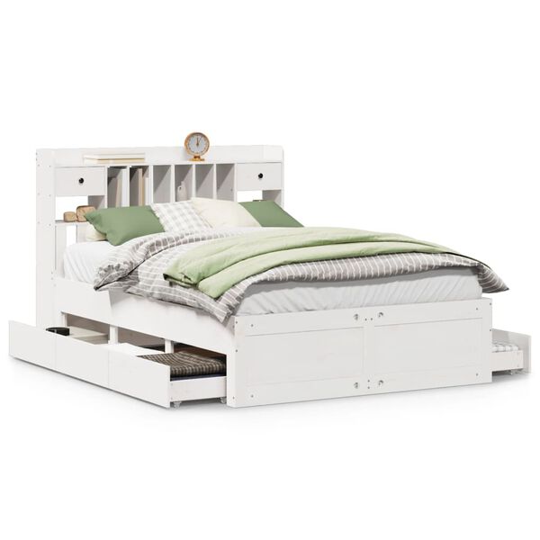 vidaXL Säng med bokhylla utan madrass vit 160x200cm massiv furu