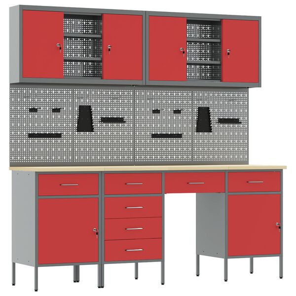 vidaXL Arbetsbänk med låda med lagring med lås Röd Stål