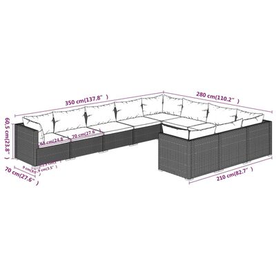 vidaXL Loungegrupp för trädgården m. dynor 10 delar konstrotting svart