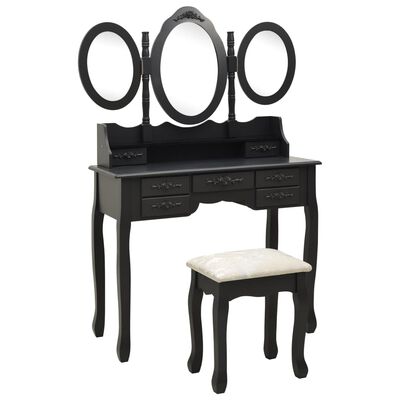 vidaXL Sminkbord med pall och 3 speglar svart