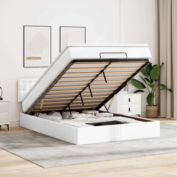 vidaXL Ottomansk säng med madrasser&LEDs ren vit 140x190cm konstläder