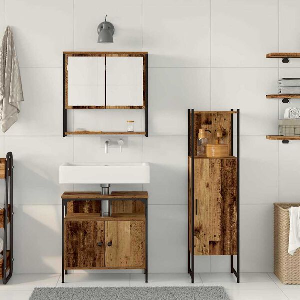 vidaXL Badrumsm&ouml;belset med hylla med d&ouml;rr 3 pcs Brun Konstruerat tr&auml;