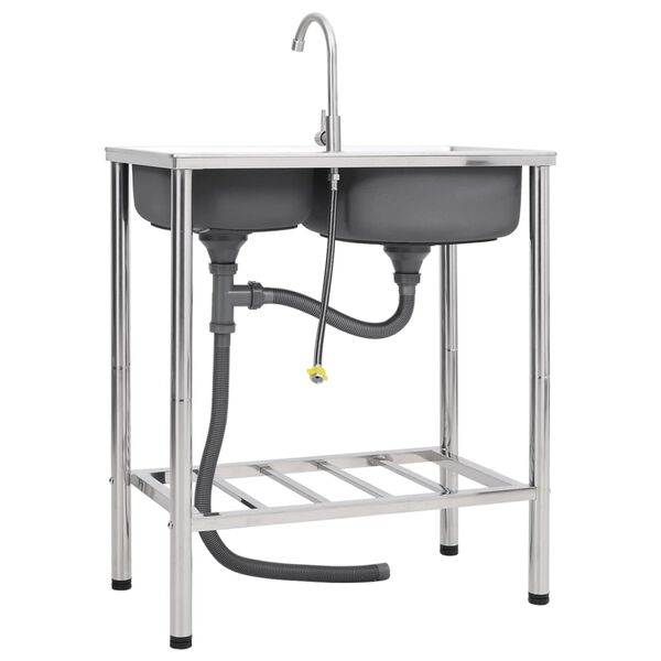 vidaXL Campingdiskbänk med dubbla handfat och kran rostfritt stål
