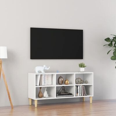 vidaXL TV-bänk med massiva ben vit högglans 103,5x30x50 cm