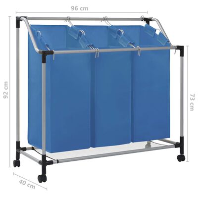 vidaXL Tvättsorterare med 3 påsar blå stål