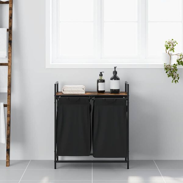 vidaXL Tvättkorg 2 fack med hylla rökfärgad ek