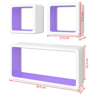 3 Flytande DVD/bokhylla förvaring i MDF kubform vit/lila