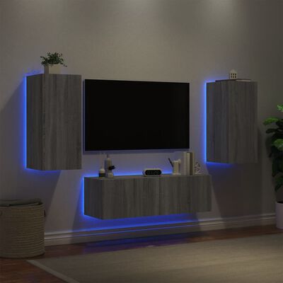 vidaXL Väggmonterade tv-skåp 3 delar med LEDs grå sonoma