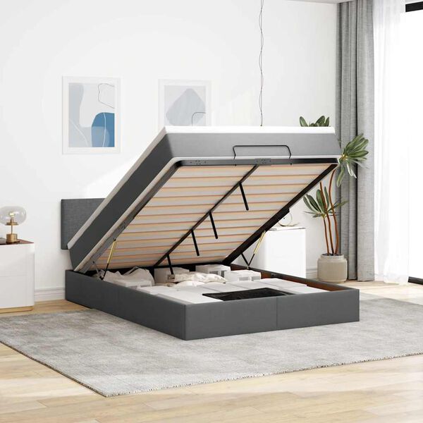 vidaXL Ottoman säng med madrass och LED-lampor mörkgrå 140x190 cm tyg