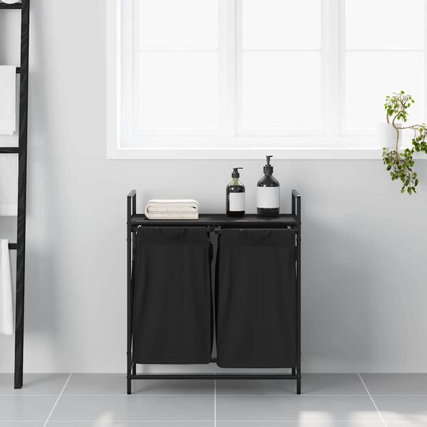vidaXL Tvättkorg 2 fack med hylla svart ek