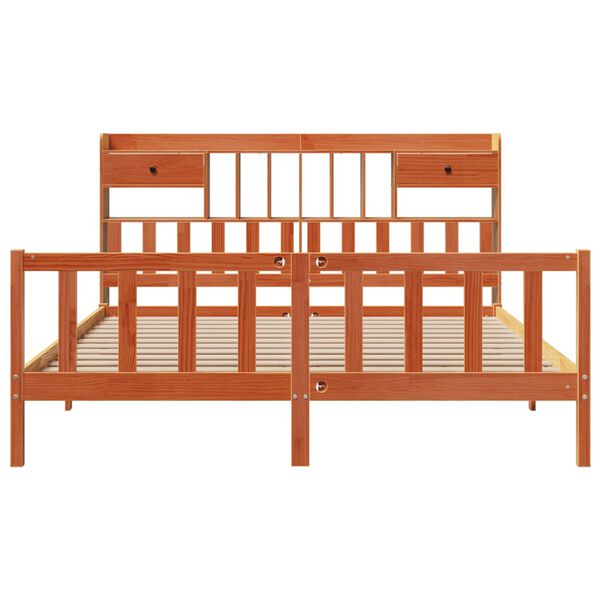 vidaXL Säng med bokhylla utan madrass vaxbrun 200x200cm massiv furu