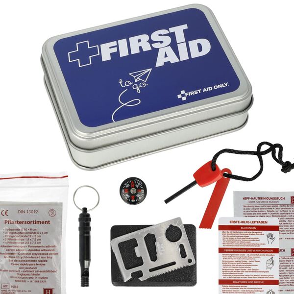 FIRST AID ONLY N&ouml;dpaket 22 delar To Go metalll&aring;da