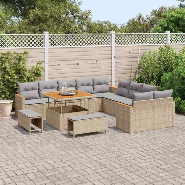 vidaXL Tr&auml;dg&aring;rdsoffset med kudde 13 pcs Beige Poly rattan