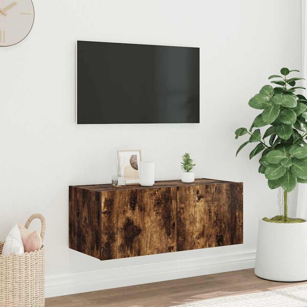 vidaXL V&auml;ggmonterad tv-b&auml;nk LED r&ouml;kf&auml;rgad ek 80x35x31 cm
