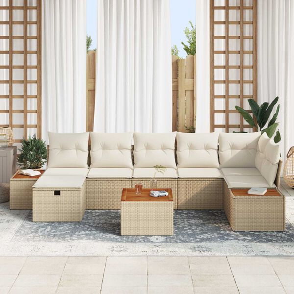 vidaXL Tr&auml;dg&aring;rdsoffset med kudde 8 pcs Beige Poly rattan