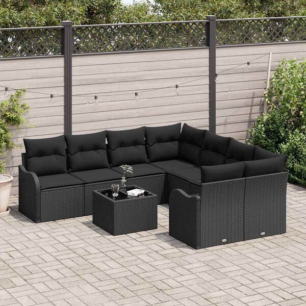 vidaXL Tr&auml;dg&aring;rdsoffset 9 pcs Svart Poly Rattan och St&aring;l och Glas