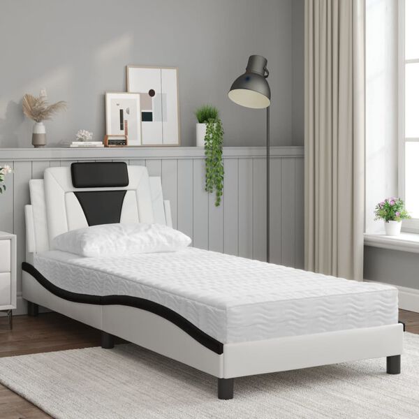 vidaXL Bed "Viana" with Mattress White and Black 90x190 cm Faux Leather