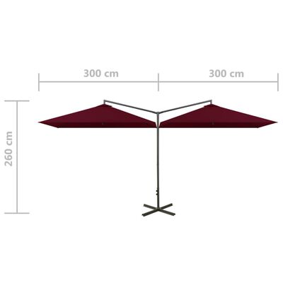 vidaXL Dubbelt parasoll med stålstång vinröd 600x300 cm