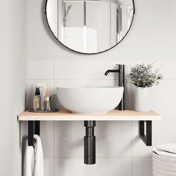 vidaXL Väggmonterad handfatshylla stål och massiv ek