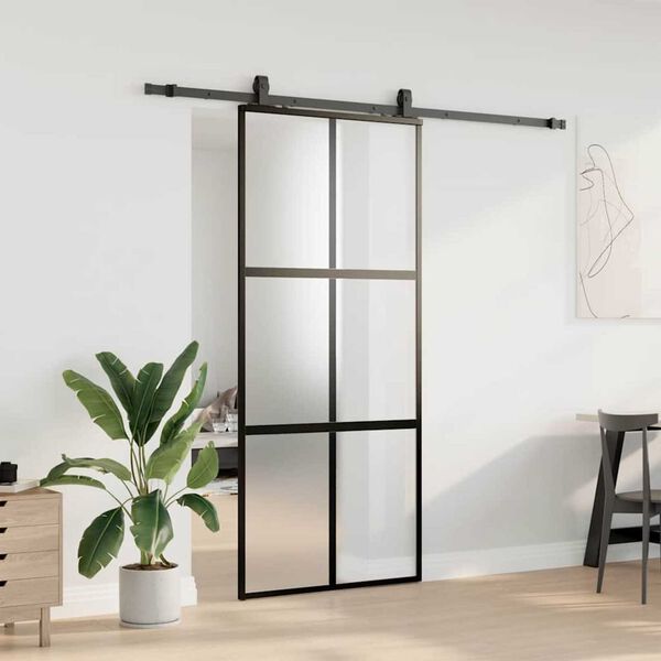 vidaXL Skjutd&ouml;rr med beslagssats svart 90x205 cm h&auml;rdat glas
