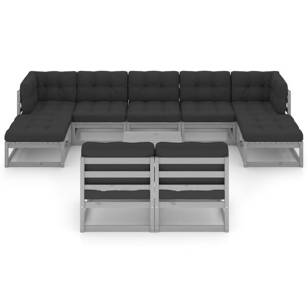 vidaXL Loungegrupp med dynor 10 delar grå massiv furu