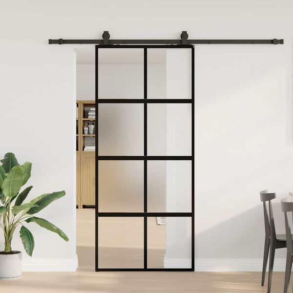 vidaXL Skjutd&ouml;rr med beslagssats svart 90x205 cm h&auml;rdat glas