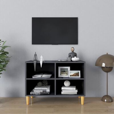 vidaXL TV-bänk med massiva ben grå högglans 69,5x30x50 cm