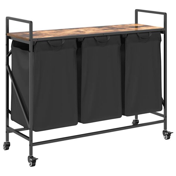 vidaXL Tvättkorg 3 fack med hjul rökfärgad ek