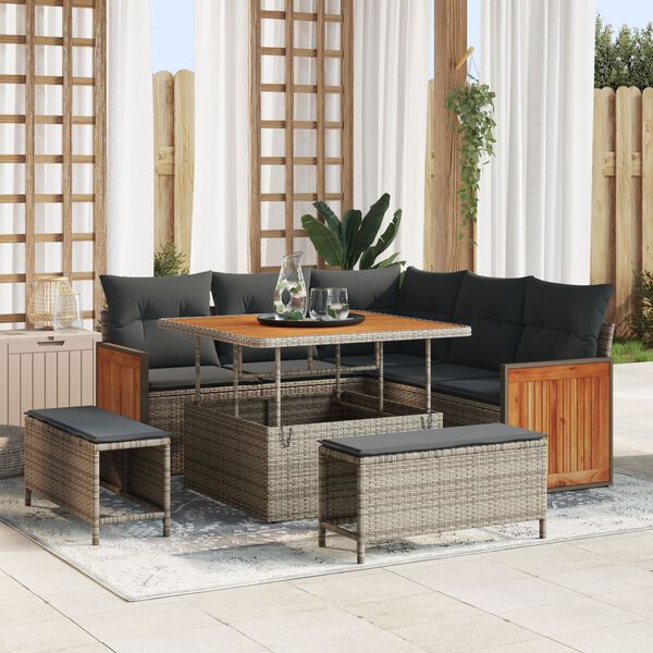 vidaXL Tr&auml;dg&aring;rdsoffset 8 pcs Gr&aring; Poly Rattan och Pulverlackerad St&aring;l