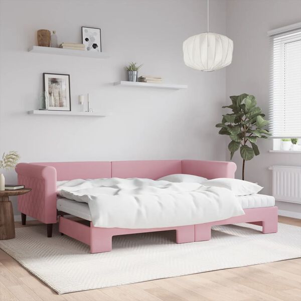 vidaXL Dagb&auml;dd utdragbar med madrasser rosa 90x200 cm sammet