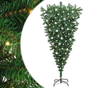 vidaXL Upp och ner konstgjord f&ouml;rbelyst julgran med bollsats 210 cm