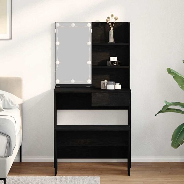 vidaXL LED Sminkbord Set med l&aring;da 2 pcs Svart Ek Konstruerat tr&auml;