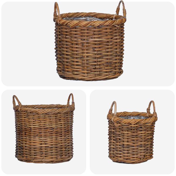 vidaXL Planteringskorg med lagring 3 pcs Brun Kubu Rattan
