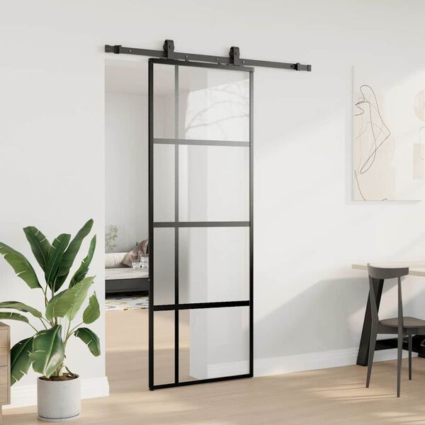 vidaXL Skjutdörr med beslag svart 76x205 cm härdat glas