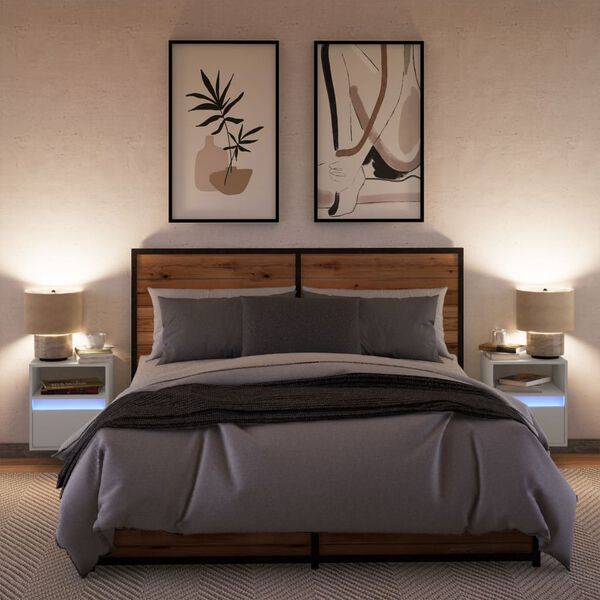 vidaXL V&auml;ggmonterade s&auml;ngbord med LED-lampor 2 st vit