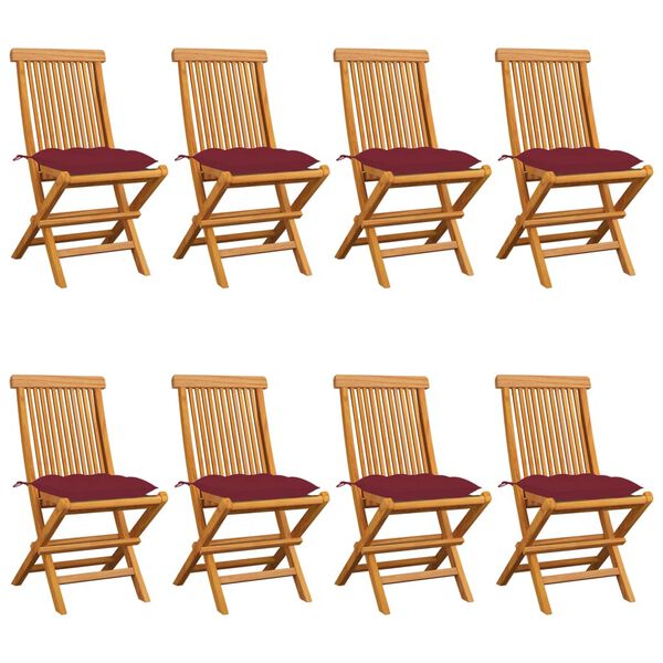 vidaXL Tr&auml;dg&aring;rdsstolar med vinr&ouml;da dynor 8 st massiv teak