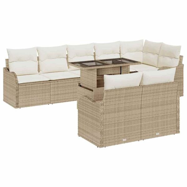 vidaXL Trädgårdsoffset med kudde 9 pcs Beige Poly rattan