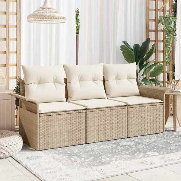 vidaXL Tr&auml;dg&aring;rdsoffset med kudde med lagring 3 pcs Beige Poly rattan